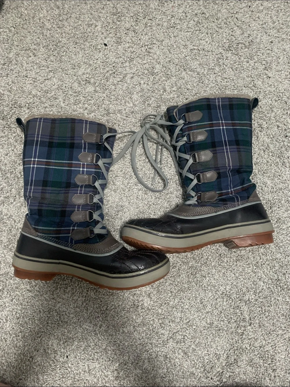 Sorel Tivoli Blue Plaid Tall Lace-Up Rain & Snow Boots